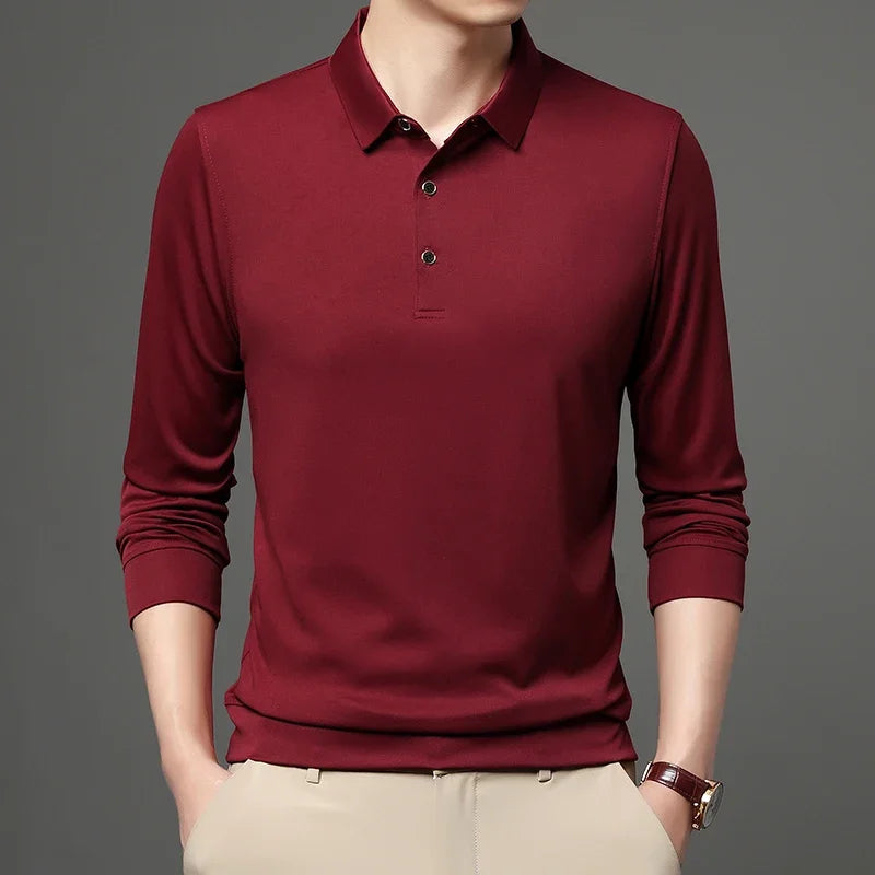 5-color Men's Solid Color Casual Fashion Long Sleeved Polo T-shirt  Amaijoin