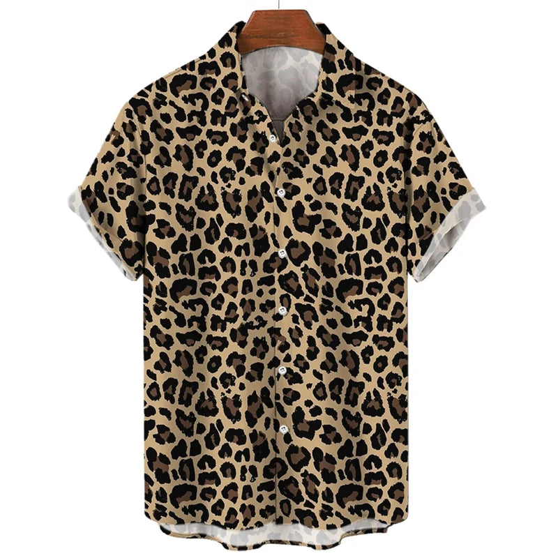 Summer 3D Leopard Print Shirts For Men Clothes Casual Vacation Short Sleeve Streetwear Button Clothing Mens Lapel Blouse Tops  Amaijoin