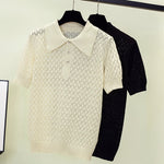 Load image into Gallery viewer, Summer Women Sweater Pullover 2023 Short Sleeve Fashion Polo Collar Solid Knitting T-shirt Loose Casual Sexy Hollow Out Sweaters  Amaijoin
