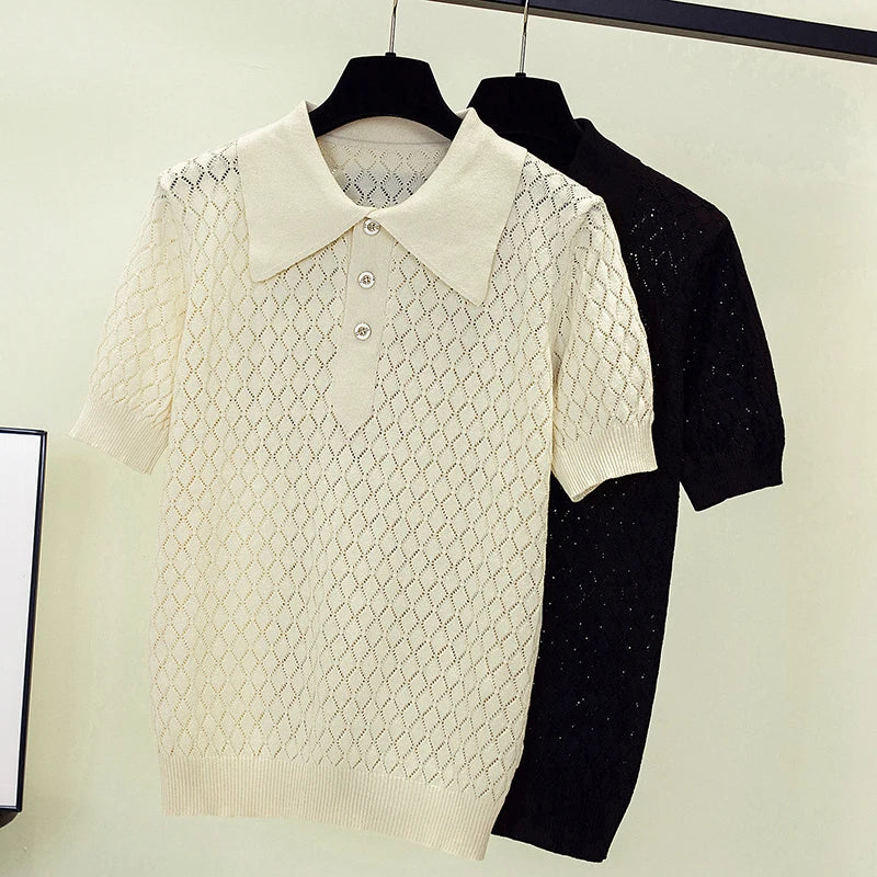 Summer Women Sweater Pullover 2023 Short Sleeve Fashion Polo Collar Solid Knitting T-shirt Loose Casual Sexy Hollow Out Sweaters  Amaijoin