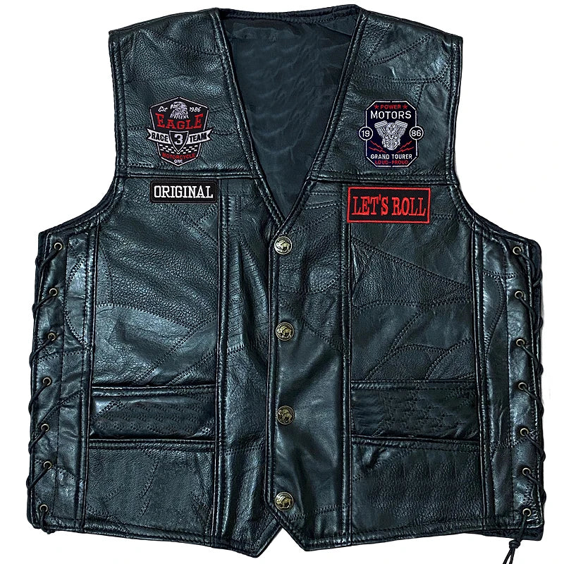 Men's Motorcycle Leather Vest Fashion Embroidered Patches Sleeveless Biker Jacket Casual Streetwear Locomotive Club Punk Veste  Amaijoin