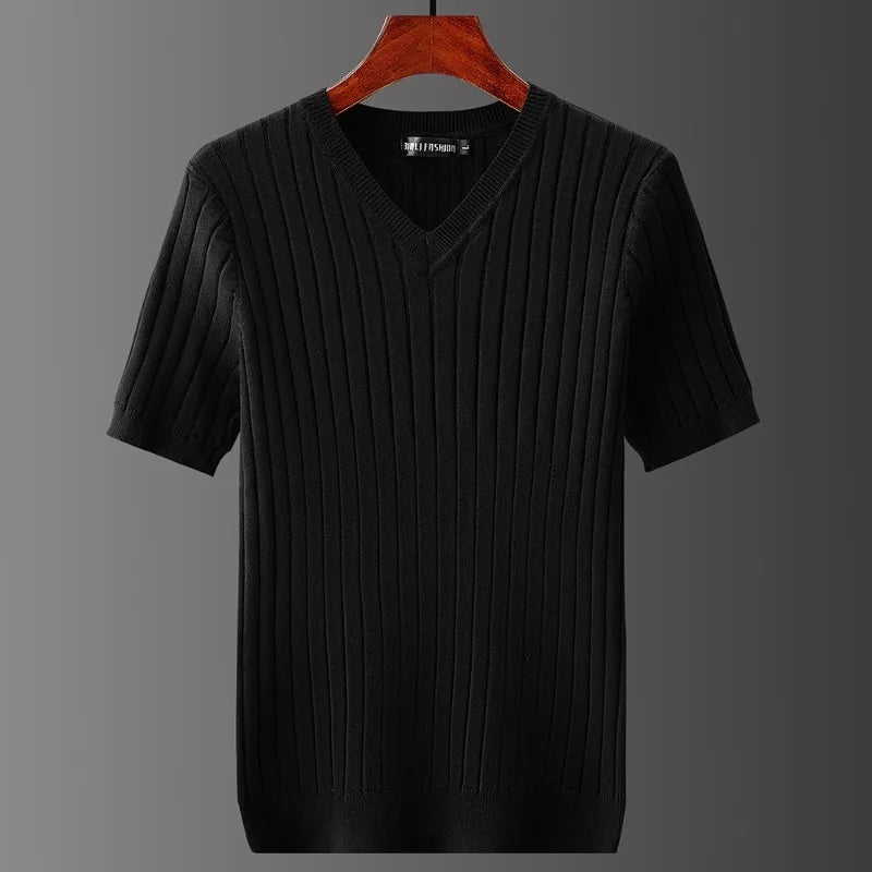 Men's Short Sleeve T-shirts V-neck Casual Knitting Striped Tops All-match Solid Color Pullover Soft Slim Fit Breathable T Shirt  Amaijoin