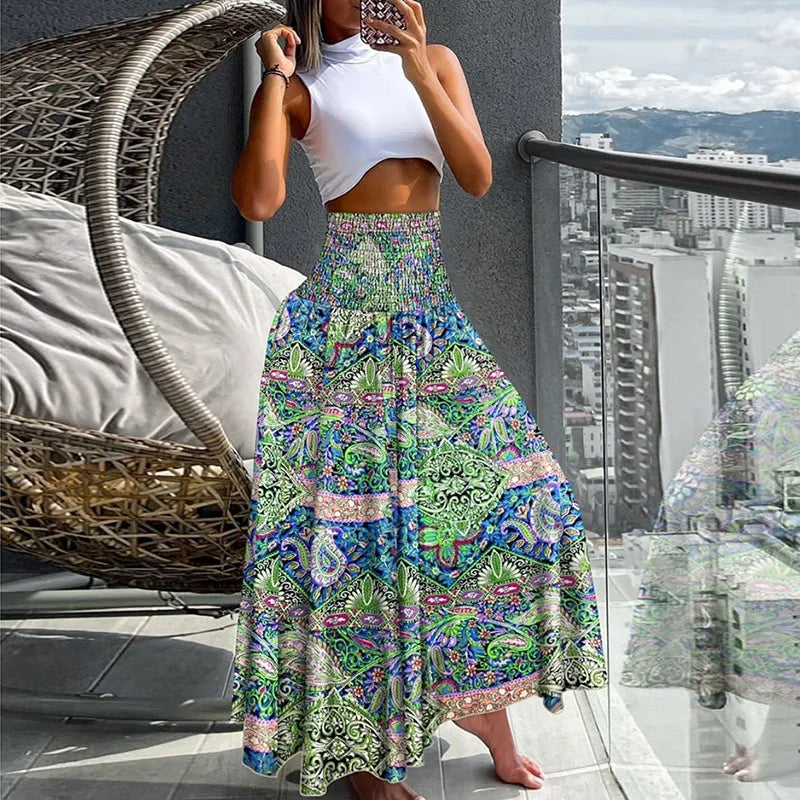 Summer Fashion High Waist Thin Printing Female Skirts Commute Elegant Elastic Waist Bohemia Holiday A-line Skirt Versatile Dress  Amaijoin