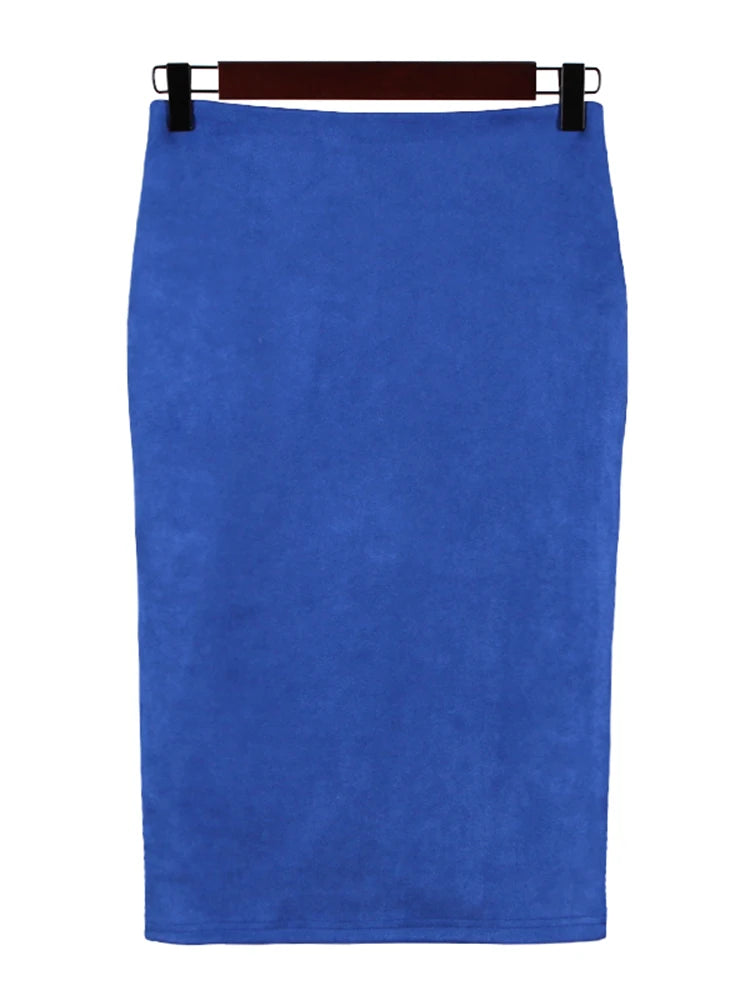 Sexy Multi Color Suede Midi Pencil Skirt Women Fashion Elastic High Waist Office Lady Bodycon Skirts Saias  Amaijoin