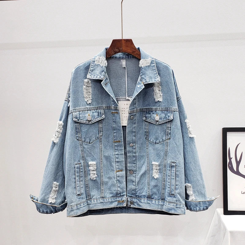 Streetwear Style Print Women's Denim Jacket Coat Diamonds Hole BF Jeans Outwear Female Spring Autumn Casual Loose Cowboy Outwear  Amaijoin