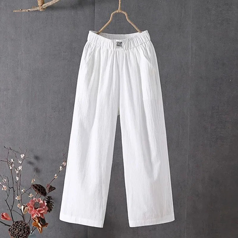 M-4xl Summer Elastic Waist Women's Pants Casual Solid Cotton Linen Ankle Length Pants Female 2023 High Quality Baggy Trousers  Amaijoin