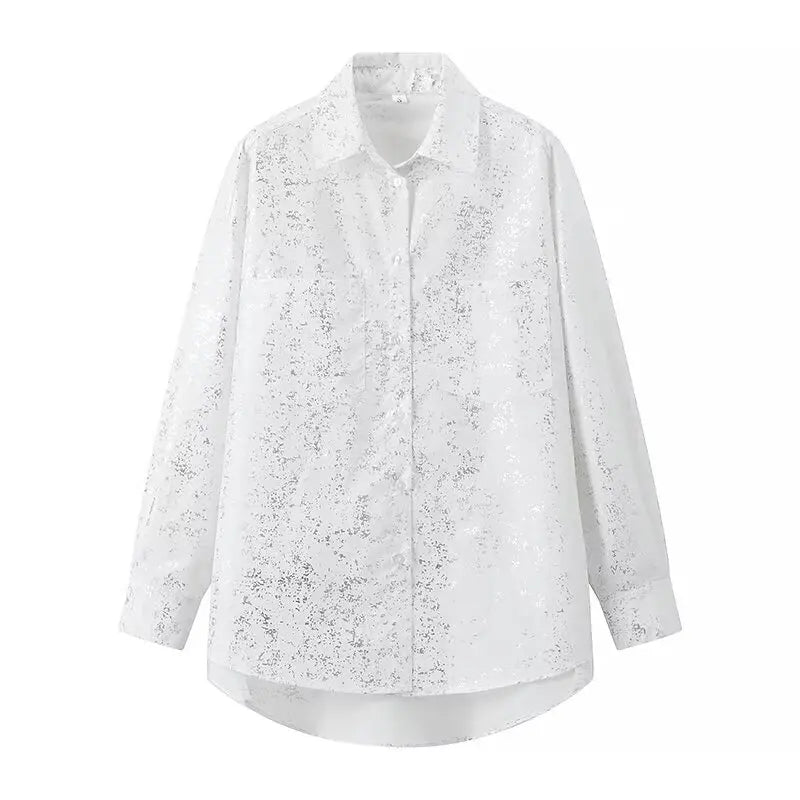 TRAFZA Women Fashion Spring Print Blouses Elegant Button-Up Casual Female Chic Long Sleeves Lapel Long Shirts Tops Streetwear  Amaijoin