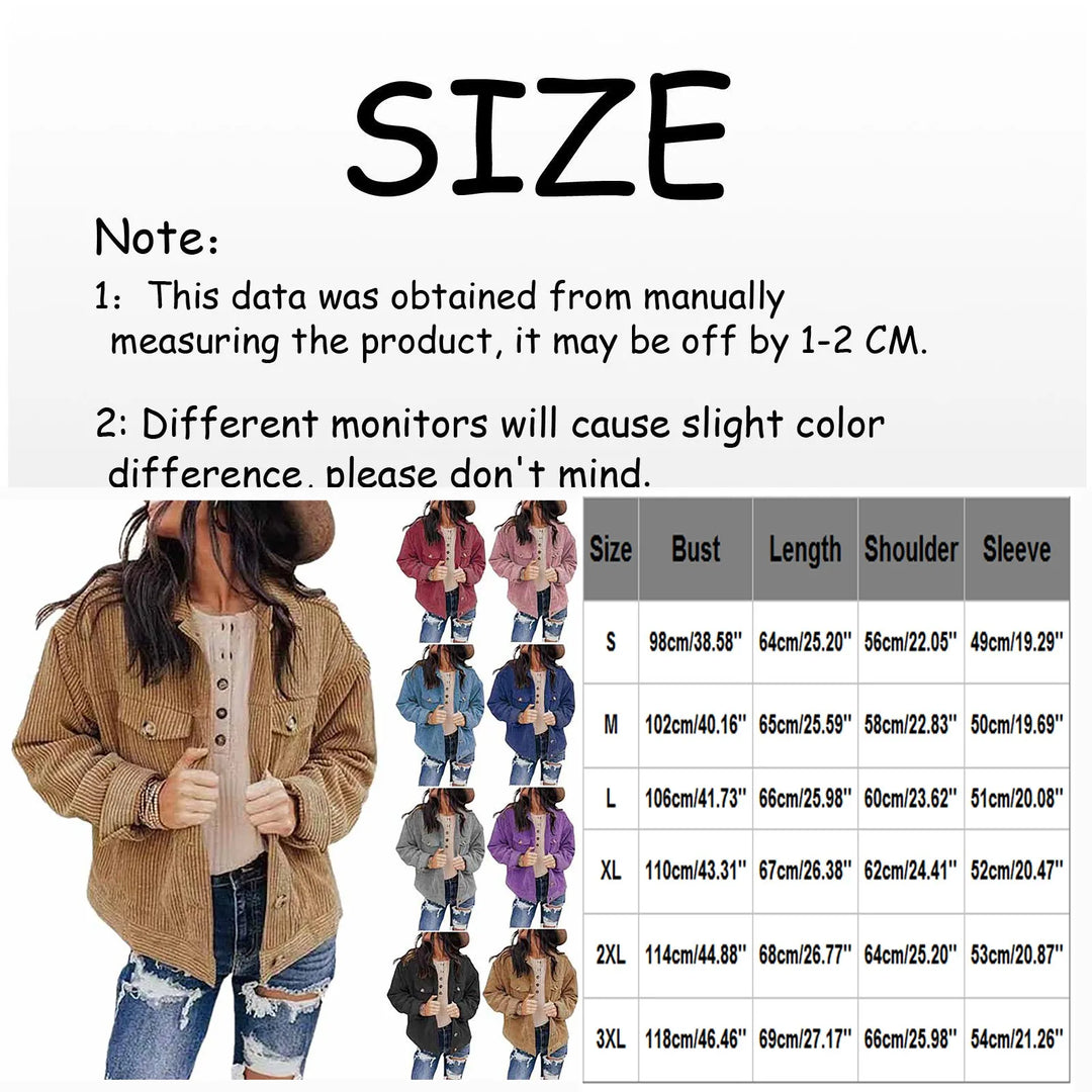 Women's Autumn And Winter Loose Corduroy Lapel Double Pockets Long-Sleeved Shirt Jacket  Amaijoin