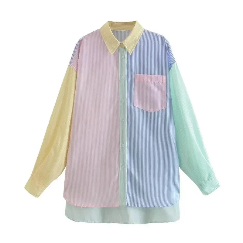 ALLUKASA  2021 Women Fashion Contrast Color Striped Print Smock Blouse Office Ladies Breasted Casual Shirts Chic Blusas Tops  Amaijoin