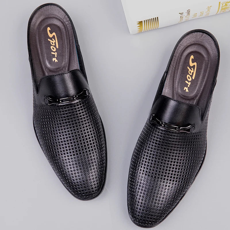 Luxury Brand Half Drag Casual Sandals Shoes Men Slippers Genuine Leather Loafers Lazy Penny Shoes High Quality Slip on Mens Shoe  Amaijoin