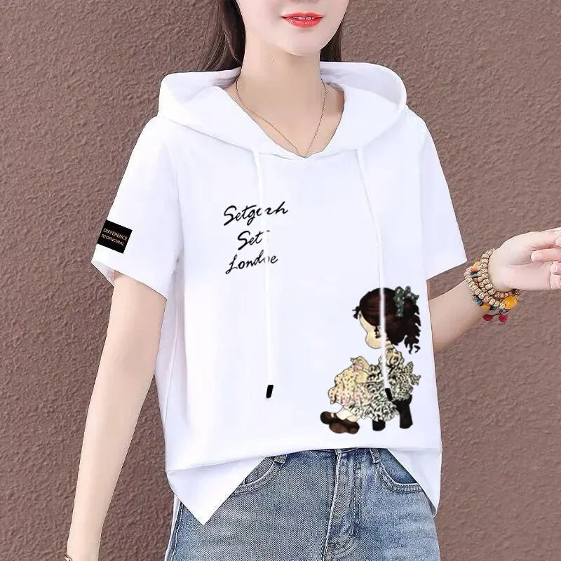 Short Sleeve Summer Thin White T-shirt Women Casual Fashion Top Loose Style Polyester Fabric Cartoon Design  Amaijoin