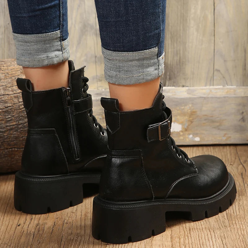 Belt Buckle Platform Combat Boots Women Chunky Heels Lace Up Ankle Boots Woman Side Zipper PU Leather Short Booties Plus Size 43  Amaijoin