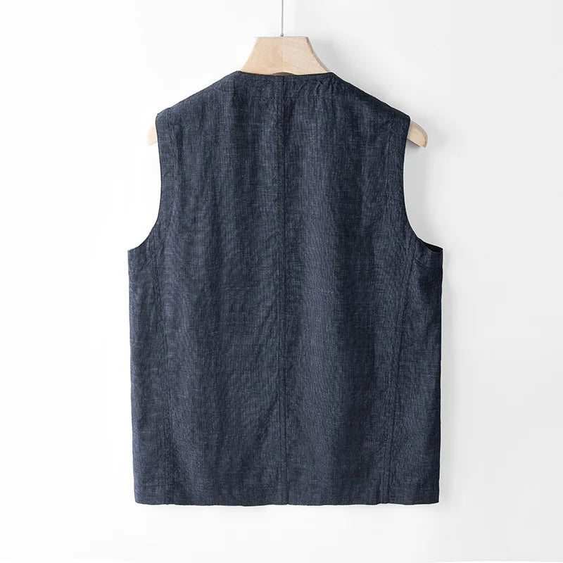 Japan Style Harajuku Men 100% Linen Vest Thin Simple Casual Loose Tops High Quality Yarn-Dyed Multi-Pockets Sleeveless Waistcoat  Amaijoin