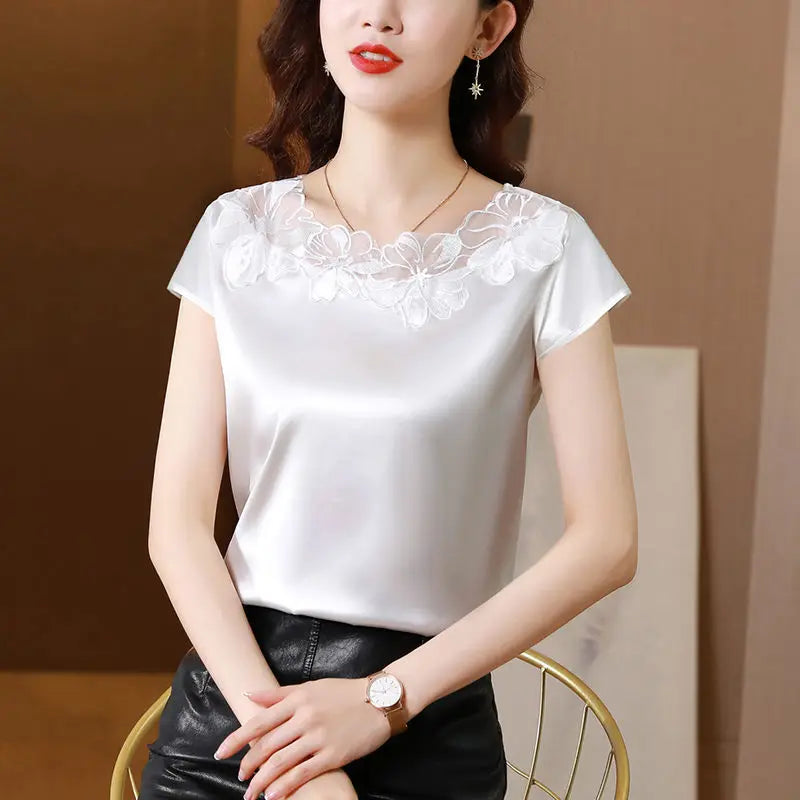 Fashion Foreign Style Loose Lace Short Sleeve T-Shirt Top Women's Spring and Summer Large Acetate Satin Bottomed Shirt  Amaijoin