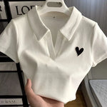 Load image into Gallery viewer, Loves Embroidery T-shirt Polo Collar Orthoshoulder Slim Hotsweet Women&#39;s Crop Top Korean Fashion Hottie Simple Casual Wholesale  Amaijoin
