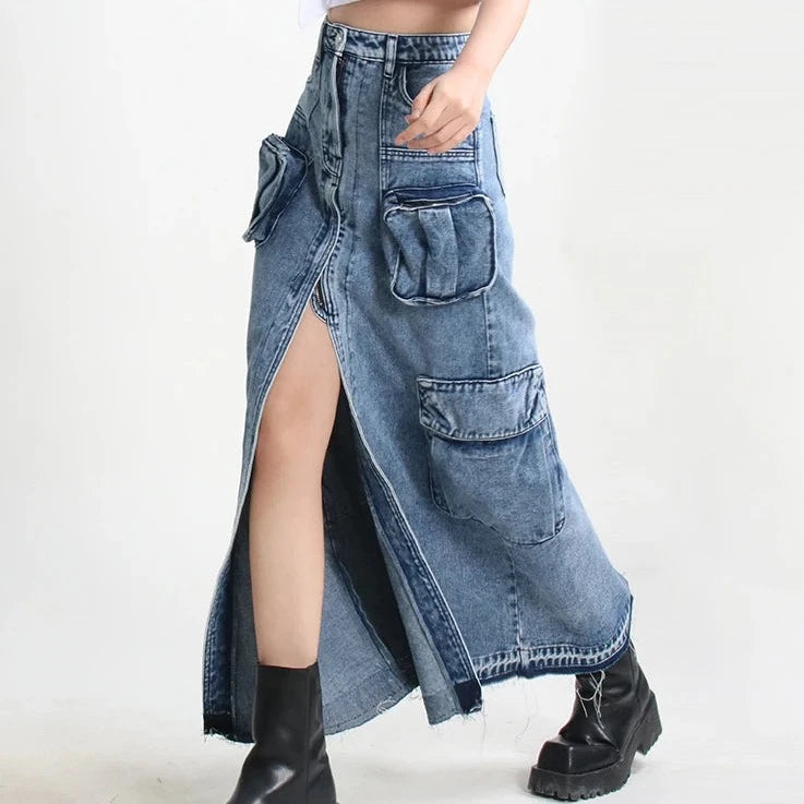 TWOTWINSTYLE Split Denim Skirts For Women High Waist Patchwork Pocket Temperament Solid Skirt Female Autumn Fashion Style New  Amaijoin