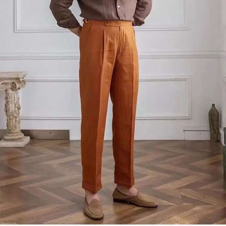 100% Linen Italian Naples Pants Men High Waist Straight  Suit Trousers Spring Summer Fashion Lightweight Breathable Casual Pants  Amaijoin