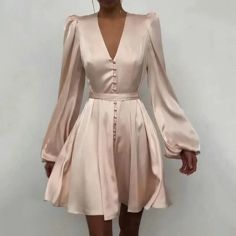 Fashion Waist Satin Dress Women V-Neck Lantern Long Sleeve French Elegant Pleated Dress Spring Autumn Slim Casual Short Vestidos  Amaijoin