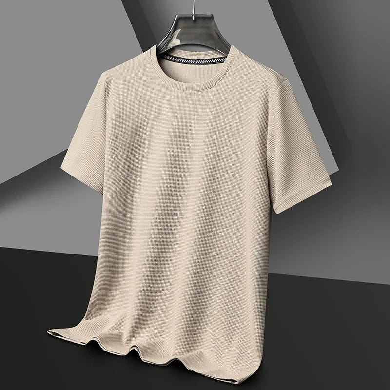 Short sleeved Polo shirShort sleeved Waffle Solid Polot fashion splicing men's round neck top cotton daily short sleeved T-shirt  Amaijoin