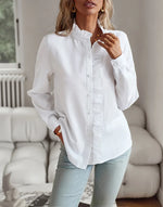 Load image into Gallery viewer, Fashion New Women Shirt Elegant Office Ruched Stand Collar Single Breasted Long Sleeve Top Causal Solid Comfort Simple Shirt  Amaijoin
