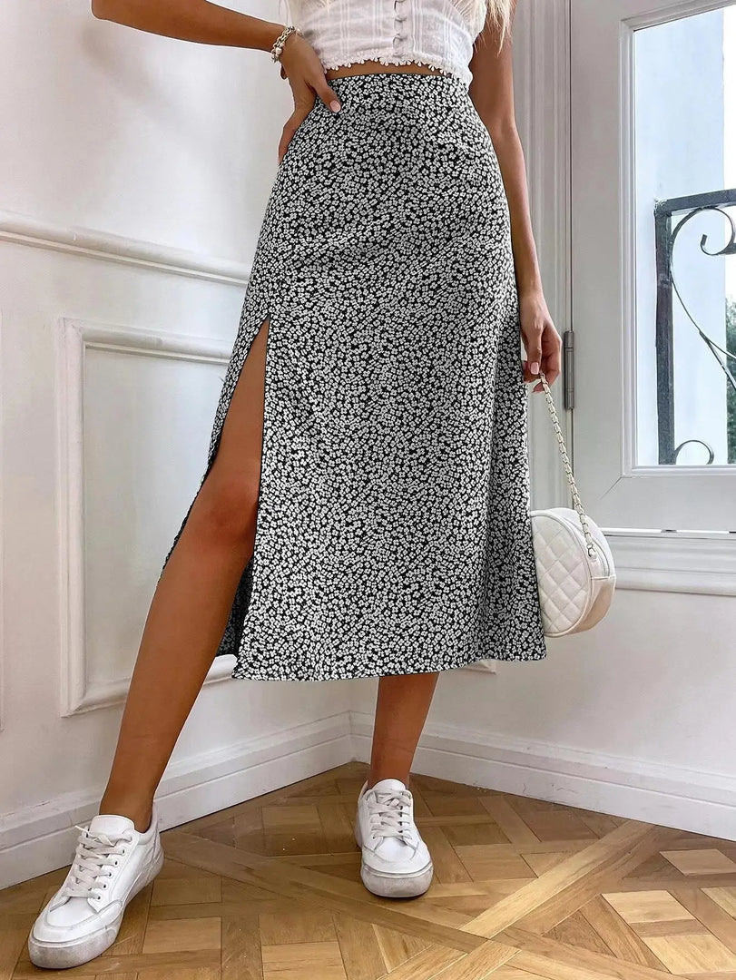 2023 Autumn New European and American Floral Half Skirt  Cross Border Foreign Trade Split A-line Wrap Hip Mid Waist Long D  Amaijoin