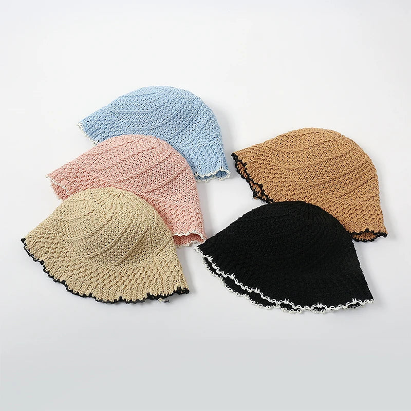 Straw Hat Female Summer Sunshade Sunscreen Beach Sun Hat Hollow Breathable Woven Face Show Bucket Fisherman Hat  Amaijoin