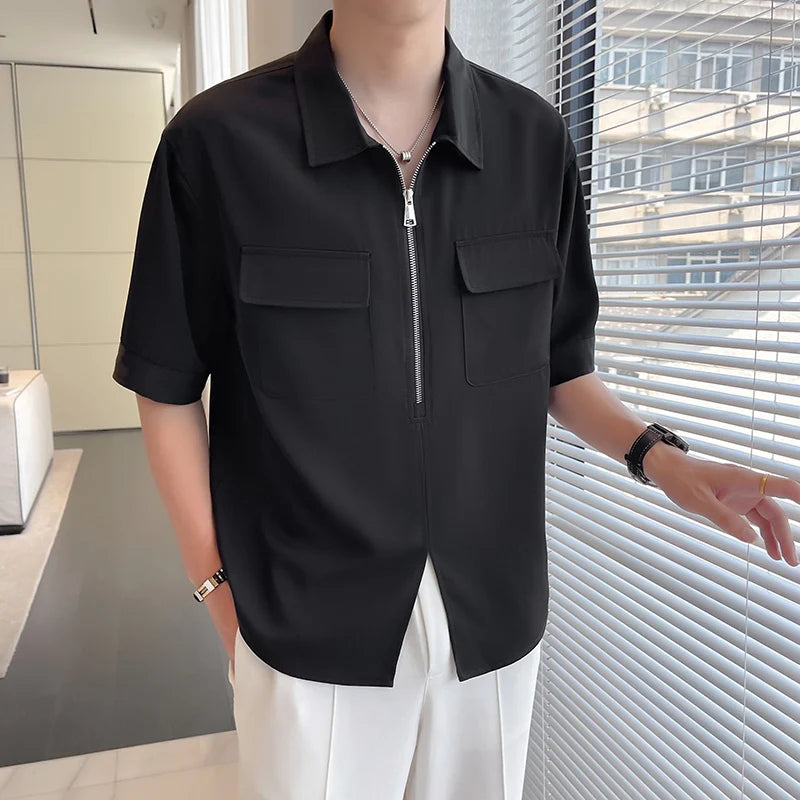 2023 Summer Pocket Zipper Design Short Sleeve Shirt Men Looase Casual Business Pullover Streetwear Social T-shirt Men Clothing  Amaijoin