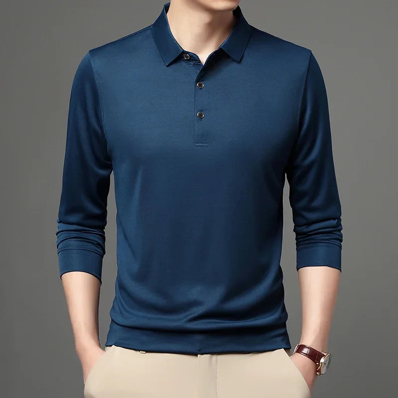 5-color Men's Solid Color Casual Fashion Long Sleeved Polo T-shirt  Amaijoin