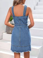 Load image into Gallery viewer, Square Neck Sleeveless Frayed Hem Belted Denim Dress Women Button Front Tank Sundress Female Casual Mini Jeans Dresses  Amaijoin
