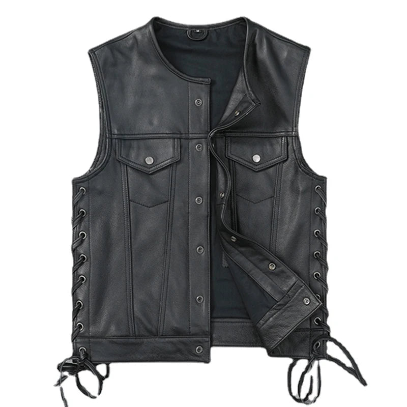 Soft Thin Cowhide Genuine Leather Vest for Men Sleeveless Jacket V-Neck Motorcycle Biker Waistcoat for Riding  Amaijoin