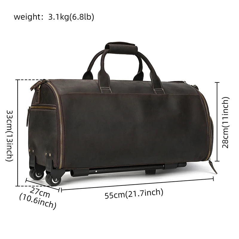 Luufan Crazy Horse Leather Trolley Bag With Wheels Man Business Travel Bag Shoe Pocket Clothes Cover Suits Luggage Duffel Bags  Amaijoin