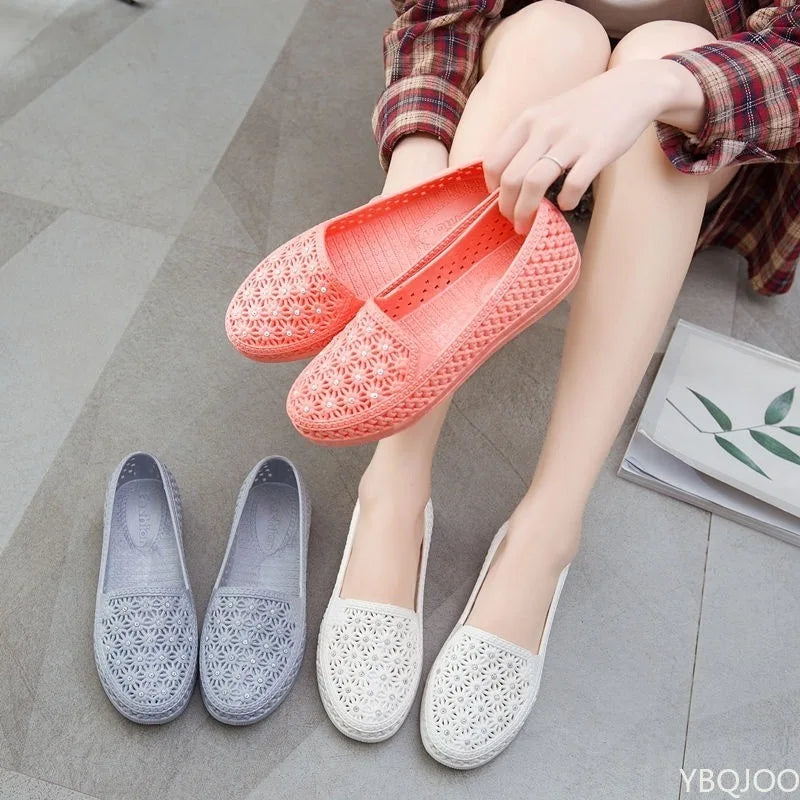 Flats Shoes Women Hollow Out Slip on Casual Nurse Shoes Summer Loafers Female Sandals Shallow Beach Breathable Zapatos  Amaijoin