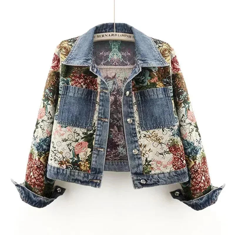 2024 Spring Autumn New Print Denim Jacket Splicing Long Sleeve Lapel Pocket Denim Tops Women's Short Jacket Fashion Cowgirl Coat  Amaijoin