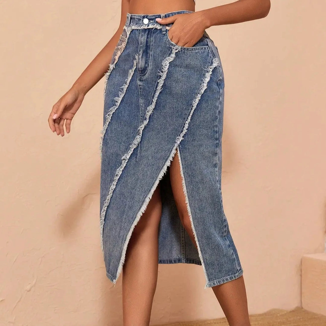 Y2K Women Fashion Vintage Denim Skirt Slit Hem Raw Edge Bodycon Skirt High Waist Versatile Streetwear Mujer  Amaijoin