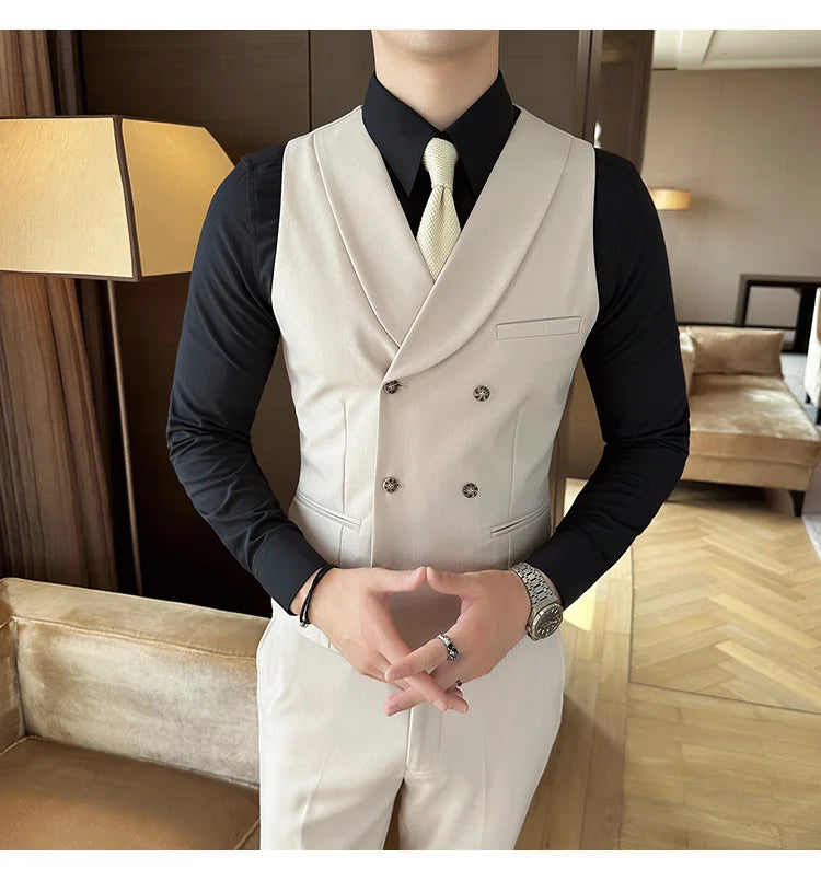 High Quality Double-Breasted Solid Mens Vest Coat Korean Style Business Slim Fit Male Waistcoat Groom Wedding Dress Suit Vests  Amaijoin