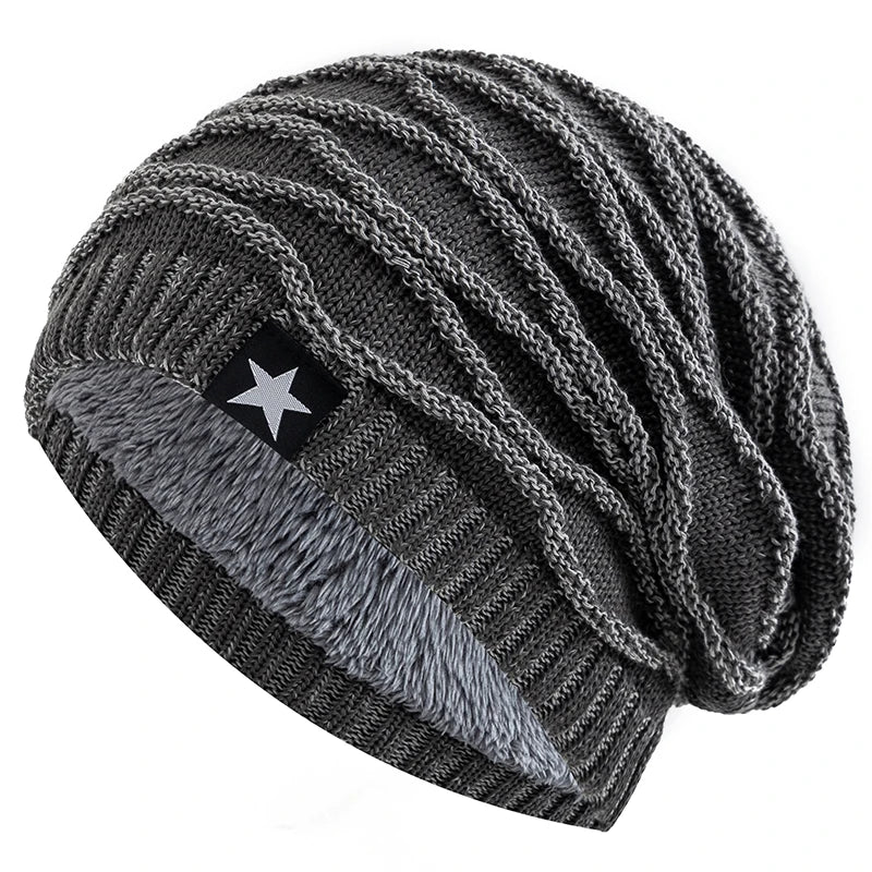 New Unisex Slouchy Winter Hats Add Fur Lined Men And Women Warm Beanie Cap Casual Five-pointed Star Decor Winter Knitted Hats  Amaijoin