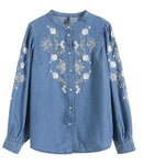 Load image into Gallery viewer, Streetwear 2024 New Floral embroidery shirt for women Denim blouse High quality O-neck Long Puff sleeve tops Autumn INKEO 4T058  Amaijoin
