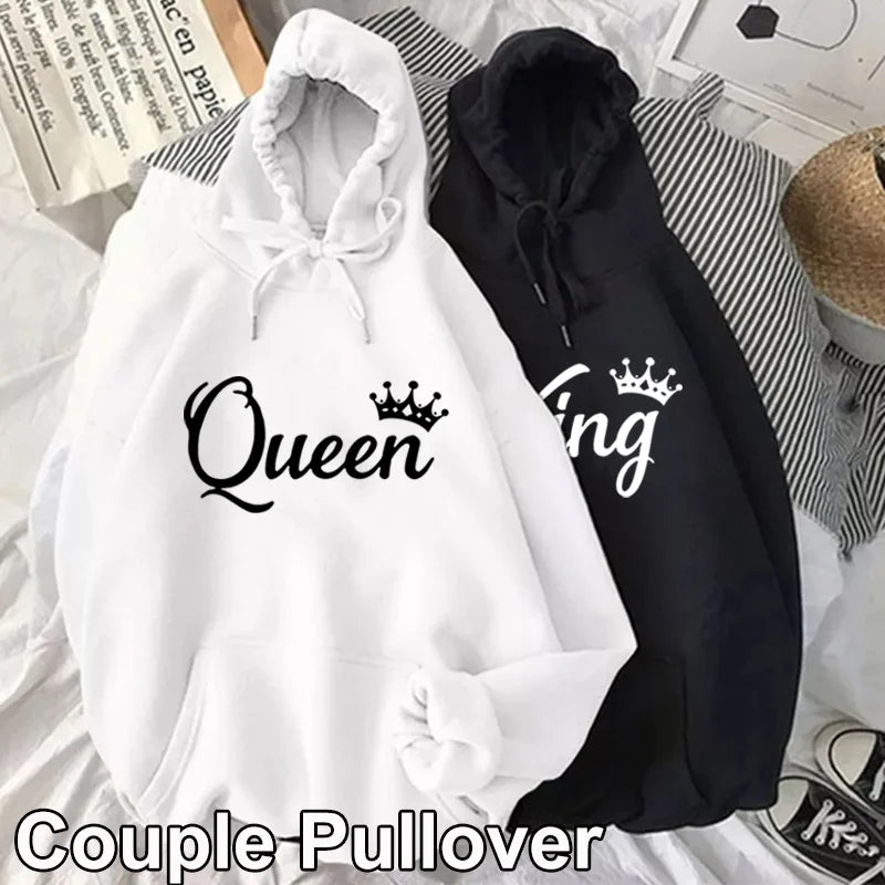 Fashion Men Women Long Sleeve Pullover Hooded Sweatshirts Unisex King and Queen Print Hoodie Casual Streetwear Couple Sweatshirt  Amaijoin