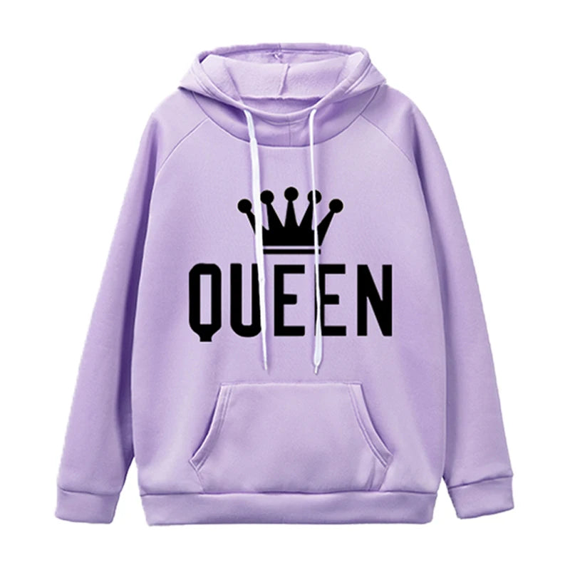 Fashion Men Women Long Sleeve Pullover Hooded Sweatshirts Unisex King and Queen Print Hoodie Casual Streetwear Couple Sweatshirt  Amaijoin