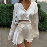 Load image into Gallery viewer, 2024 White Elegant Satin 2 Two Piece Set Women Lantern Long Sleeves Crop Tops Cardigan Sexy High Waist Mini Tennis Sports Skirts  Amaijoin
