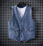 Load image into Gallery viewer, TFETTERS Summer New Denim Vest Men Japanese Casual Loose Washed Old Sleeveless Coat Fashion Solid Color Collarless Denim Jacket  Amaijoin
