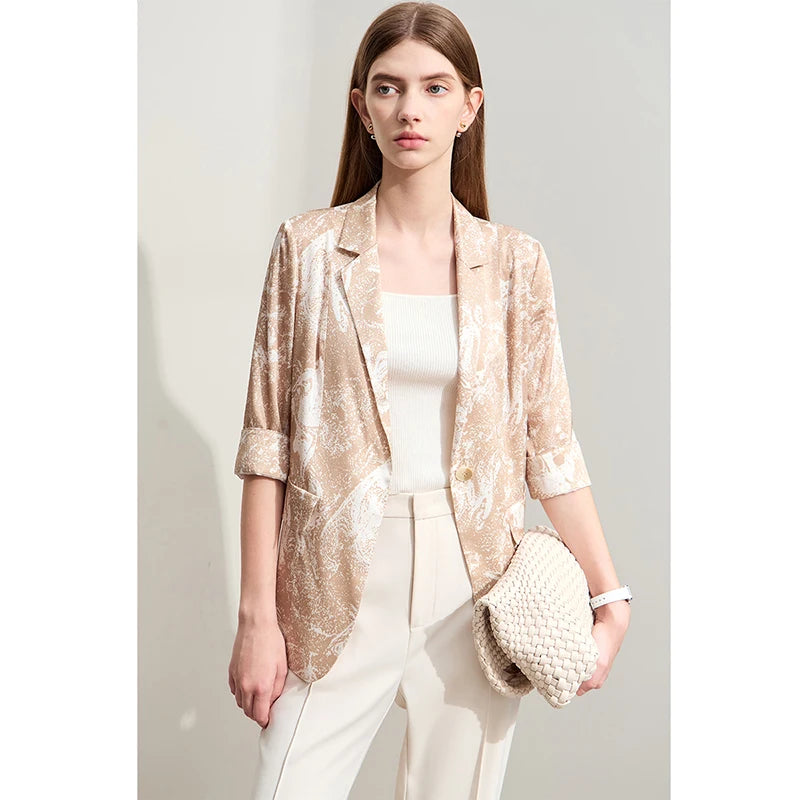 Amii Minimalism 2024 Silk Blazers Summer New Notched Printed Stretch Basics Fashion Three Quarter Women Commuter Blouse 12452146  Amaijoin