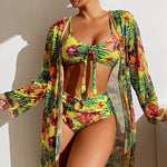 Load image into Gallery viewer, Bikini 2024 Women 11 Colors Sexy High Waist Bikini 3 Pieces Floral Print Swimsuit With Mesh Long-Sleeved Blouse Brazilia 3Piece  Amaijoin
