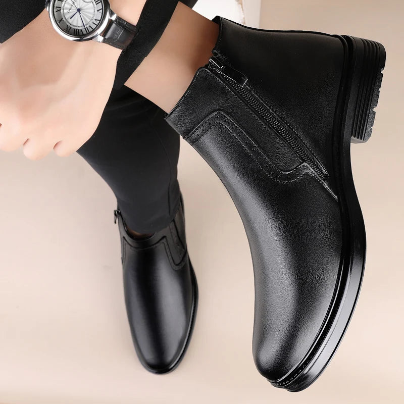 Luxury Brand Men Genuine Leather Boots Winter Short Plush Boots Comfy Classic Round Toe Boots Fashion 2023 Business Casual Boots  Amaijoin