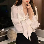 Load image into Gallery viewer, Bow Chiffon Shirt Women Elegant V Neck White Blouse Korean Style Loose Premium Blusas Ladies Solid Base Tops Casual Blusa Mujer  Amaijoin
