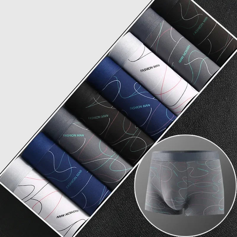 8Pcs/Lot Men's Sexy Underwear Boxer Shorts Milk Silk Soft Comfortable Fabric Fashion Print Breathable Antibacterial Men's Shorts  Amaijoin