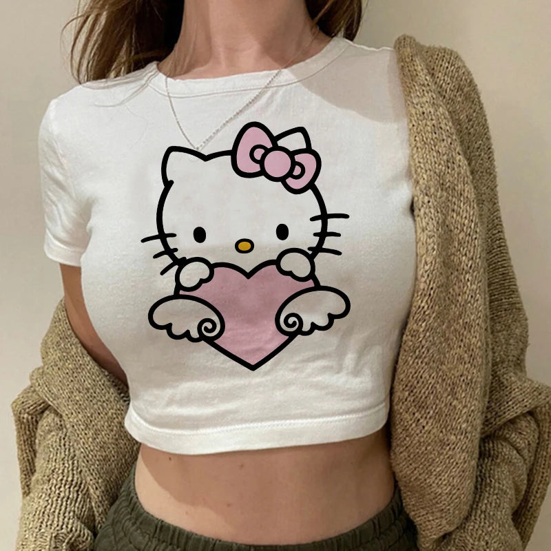 Tshirt Crop Top Hello Kitty T-shirt Kawaii T Shirt Sanrio Anime Cartoon Children Casual Clothes Y2k Cropped Tee Shirt Top  Amaijoin