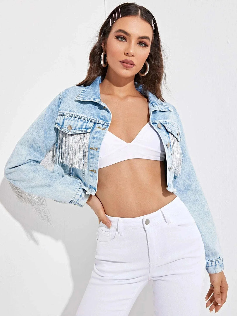 Women's Fringe Jacket Tassel Cropped Denim Jacket Raw Hem Ripped Crop Jean Jackets  Amaijoin