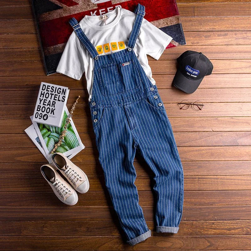 2023 Summer New Mens Bib Overalls Streetwear Denim Jumpsuits Moto Biker Jeans Trousers Male Striped Casual Long Pants Clothing  Amaijoin