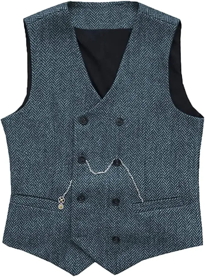 V Neck Men's  Suit Vests Herringbone Wool Tweed Double Breasted Waistcoat Tuxedo Groomsmen For  Wedding  Amaijoin